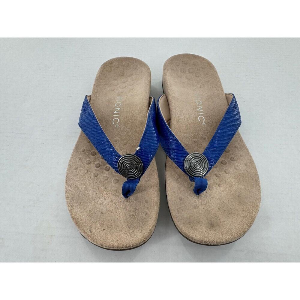 Vionic Sandals Womens 7 Hilda Woven Thong Flip Flop Blue Leather Flats Comfort​